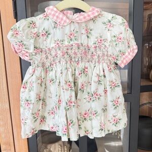 Samara smocked dress baby girl vintage heirloom roses floral print collar puff